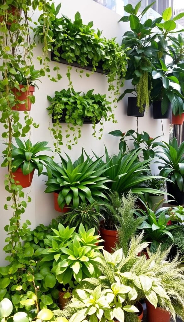 A botanical wall showcasing a lush, curated selection of plants and greenery. In the foreground, a variety of potted plants, from trailing vines to sculptural succulents, are arranged harmoniously. The middle ground features verdant wall-mounted planters, their foliage spilling over the edges. In the background, a mix of larger potted plants, perhaps a fiddle-leaf fig or bird of paradise, create a sense of depth and layering. The lighting is soft and natural, casting gentle shadows and highlighting the textures of the leaves. The overall composition has a calming, organic feel, inviting the viewer to immerse themselves in the tranquil, biophilic display. A botanical wall showcasing a lush, curated selection of plants and greenery. In the foreground, a variety of potted plants, from trailing vines to sculptural succulents, are arranged harmoniously. The middle ground features verdant wall-mounted planters, their foliage spilling over the edges. In the background, a mix of larger potted plants, perhaps a fiddle-leaf fig or bird of paradise, create a sense of depth and layering. The lighting is soft and natural, casting gentle shadows and highlighting the textures of the leaves. The overall composition has a calming, organic feel, inviting the viewer to immerse themselves in the tranquil, biophilic display.