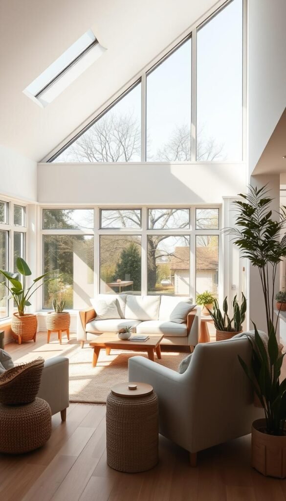 A bright, airy Scandinavian-style living room flooded with natural light from large, floor-to-ceiling windows. The room features clean, minimalist lines, a neutral color palette of whites, greys, and natural wood tones. A plush, off-white sofa sits centered, complemented by a low, wooden coffee table and a pair of cozy armchairs. Sunlight pours in, casting a warm, golden glow and creating soft shadows that accentuate the room's architectural details. Potted plants and natural fiber accents add organic texture, while the overall atmosphere exudes a sense of calm, understated elegance and a strong connection to the outdoors. A bright, airy Scandinavian-style living room flooded with natural light from large, floor-to-ceiling windows. The room features clean, minimalist lines, a neutral color palette of whites, greys, and natural wood tones. A plush, off-white sofa sits centered, complemented by a low, wooden coffee table and a pair of cozy armchairs. Sunlight pours in, casting a warm, golden glow and creating soft shadows that accentuate the room's architectural details. Potted plants and natural fiber accents add organic texture, while the overall atmosphere exudes a sense of calm, understated elegance and a strong connection to the outdoors.