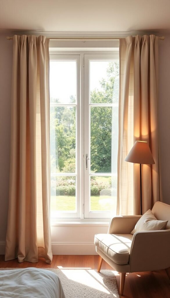 A bright, airy bedroom with a large window overlooking a peaceful garden. Soft, flowing curtains in a neutral linen fabric frame the view, creating a sense of tranquility. The window is dressed in a simple, minimalist style, with clean lines and a focus on natural textures. Warm, diffused lighting from a floor lamp casts a soothing glow, while a cozy armchair and a plush rug complete the restful retreat. The overall atmosphere is one of serenity and relaxation, inviting the viewer to unwind and find respite in this serene sanctuary.