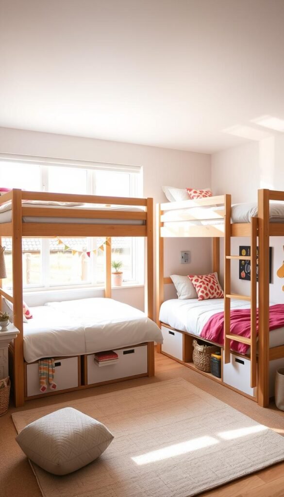 A bright, airy bedroom with two high sleeper beds arranged in a parallel configuration, creating a cozy shared space for siblings. The beds are elevated, allowing for storage and play areas underneath. Wooden frames and light-colored linens give a natural, minimalist aesthetic. Soft lighting filters through large windows, casting a warm glow across the room. Colorful pillows, wall art, and personal touches add pops of personality, reflecting the unique interests and styles of the occupants. The layout maximizes the available space, showcasing an efficient and visually appealing shared bedroom design.
