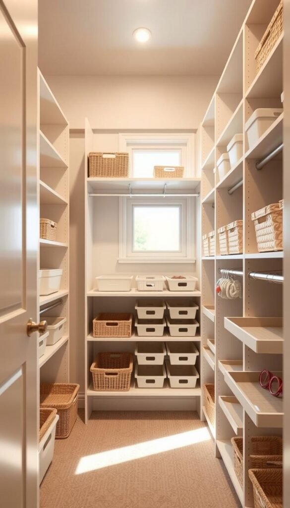 A bright, airy closet with adjustable shelves, cubbies, and rods that can be easily reconfigured as a child grows. The foreground features neatly organized storage solutions - bins, baskets, and customizable dividers. In the middle ground, a modular organizer system with sliding trays and hooks allows for flexible arrangements. The background showcases a neutral color palette and task lighting to create a calming, functional space. Soft, diffused natural light filters through a window, casting a warm glow. The overall atmosphere is one of adaptability, order, and a sense of growing independence for the young occupant.