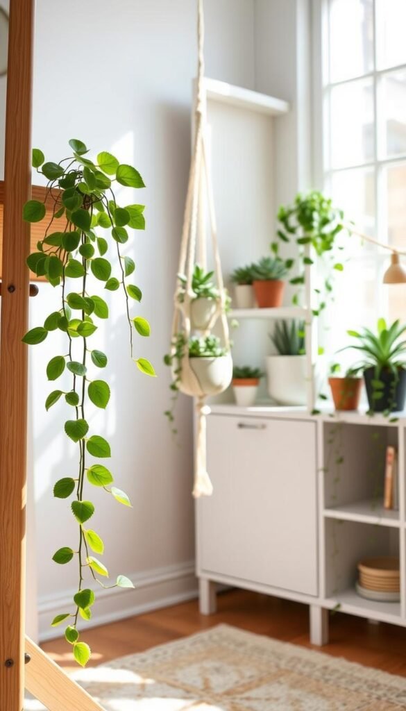 A bright, airy home decor scene featuring various DIY plant projects. In the foreground, a wooden plant stand holds a lush, trailing pothos plant. In the middle ground, a hanging macrame planter suspends a trailing succulent. The background features a minimalist white bookshelf, adorned with a mix of potted succulents, trailing ivy, and a small terrarium. Soft natural lighting filters through a large window, casting a warm glow over the scene. The overall atmosphere is calming, cozy, and inviting - perfect for adding a touch of greenery to a bedroom space.