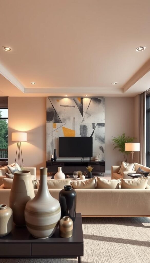 A bright, airy living room with a focal accent wall. In the foreground, a harmonious arrangement of modern decor elements: a sleek media console, sculptural vases, and textured throw pillows. The accent wall, the centerpiece, features an abstract geometric pattern in a bold, contrasting color palette that commands attention. Warm, diffused lighting from floor lamps and recessed ceiling fixtures creates a cozy ambiance, while large windows flood the space with natural light. The overall scene exudes a sense of balance, elegance, and refined sophistication, perfectly capturing the essence of the "Finding the Perfect Focal Point" section.