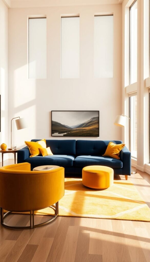 A bright, airy living room with a plush navy blue sofa as the central focal point. The room is bathed in warm, natural lighting, accentuating the rich hue of the couch. Scattered throughout the space are vibrant mustard yellow accents, such as a pair of velvet armchairs, a geometric area rug, and a trio of sleek floor lamps with drum shades. Tall windows allow the daylight to pour in, casting a golden glow across the room. The overall atmosphere is one of modern elegance and energetic sophistication, perfectly capturing the section's theme of "Energize Your Space with Vibrant Mustard Yellow Pops".