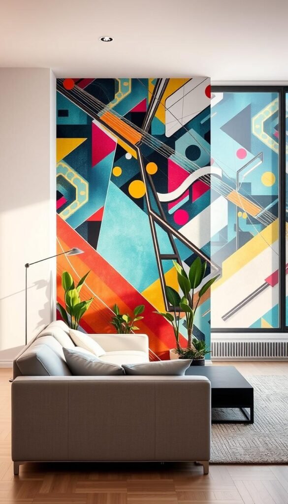 A bright, airy living room with a striking accent wall adorned with a captivating wallpaper mural. The mural features a mesmerizing pattern of geometric shapes, abstract lines, and vibrant hues that create a dynamic, modern composition. The lighting is soft and diffused, accentuating the depth and texture of the wallpaper. In the foreground, a minimalist sofa and coffee table provide a simple, elegant contrast to the bold visual statement of the accent wall. The middle ground showcases potted plants and a sleek, minimalist floor lamp, adding a touch of nature and warmth to the space. The background includes a large window, allowing natural light to flood the room and complement the vibrant colors and patterns of the wallpaper.