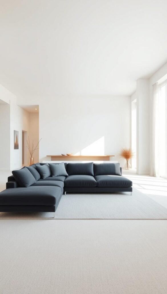 A bright, airy living room with light-colored walls that create an open, inviting atmosphere. In the foreground, a modern, dark-colored sectional sofa sits prominently, its clean lines and plush texture inviting relaxation. Soft, natural lighting filters in through large windows, casting a warm glow and highlighting the textured surfaces. The room's design evokes a sense of tranquility and balance, with the light walls providing a calming backdrop for the bold, statement piece of the sofa. Subtle, neutral decor elements enhance the minimalist, yet refined aesthetic, creating a space that is both visually striking and comfortable.