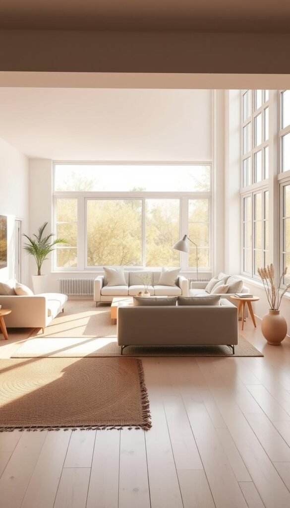 A bright, airy living room with minimalist decor and clean lines. Large windows fill the space with warm, natural light, casting a soft glow on the pale wood floors and neutral-toned furnishings. The room's layout is designed to maximize this natural illumination, with strategically placed seating areas that draw the eye towards the sun-drenched windows. Gentle, diffused shadows create a sense of depth and dimension, while the crisp, uncluttered aesthetic maintains an effortless, serene ambiance. Subtle textures, such as woven rugs and linen upholstery, add visual interest without distracting from the room's overall tranquil atmosphere.