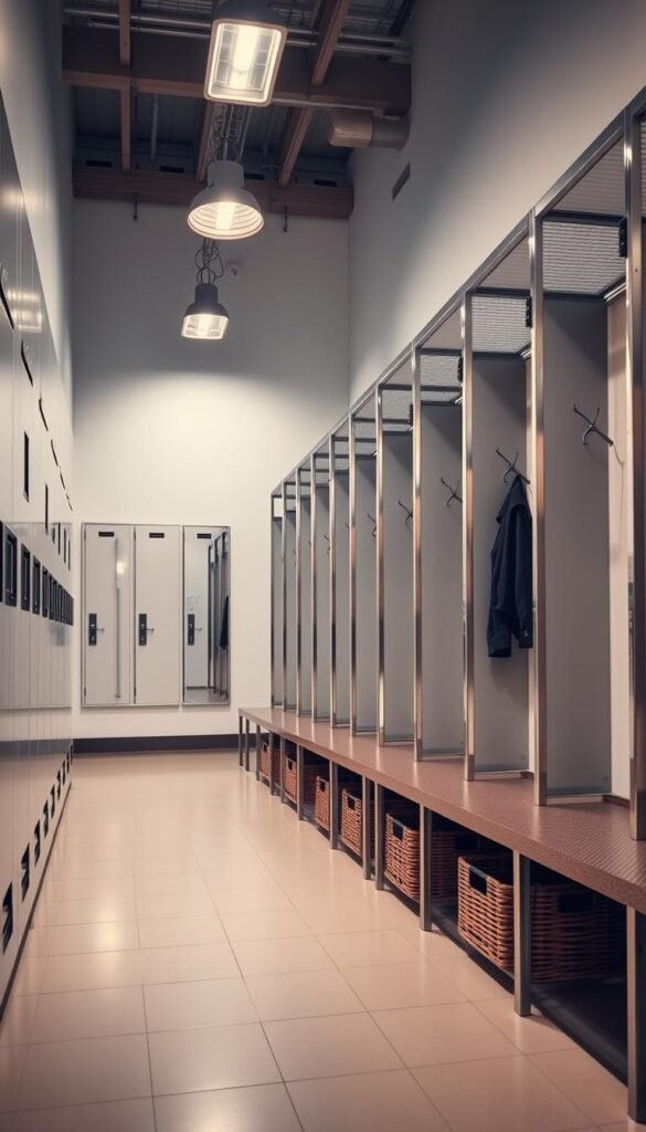 A bright, airy locker room with modern storage solutions. Tall, chrome-framed lockers line the walls, each with sleek compartments and hooks for neatly organizing gear. Bench seating with woven baskets underneath provides additional storage space. Overhead, industrial-style lighting casts a warm glow, illuminating the tiled floor and minimalist decor. A large mirror reflects the scene, adding depth and a sense of openness. The atmosphere is clean, functional and optimized for busy athletes, conveying an energy of focused productivity.