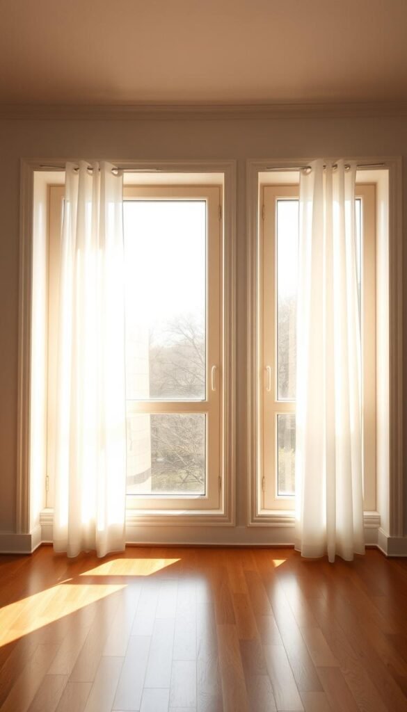 A bright, airy window design that beautifully frames natural light. Elegant, minimalist window frames in a neutral tone accentuate the warm glow of the sun filtering through sheer white curtains. Soft shadows dance across the polished hardwood floor, creating a serene, calming atmosphere. The window is the focal point, drawing the eye with its harmonious balance of light and shadow. Captured through a wide-angle lens, this tranquil scene embodies the essence of a minimal, yet captivating living space.