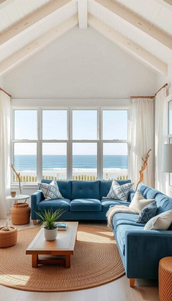 A bright and airy coastal living room with large windows overlooking a scenic ocean vista. Natural light floods the space, casting a warm glow on the crisp white walls and plush blue velvet sofa. Driftwood accents, woven textures, and potted succulents add organic elements, while a neutral jute rug and wood coffee table ground the room. Soft, billowing curtains frame the view, creating a serene and calming atmosphere. Captured with a wide-angle lens to showcase the expansive layout, this transformation epitomizes the soothing, laid-back charm of coastal living.