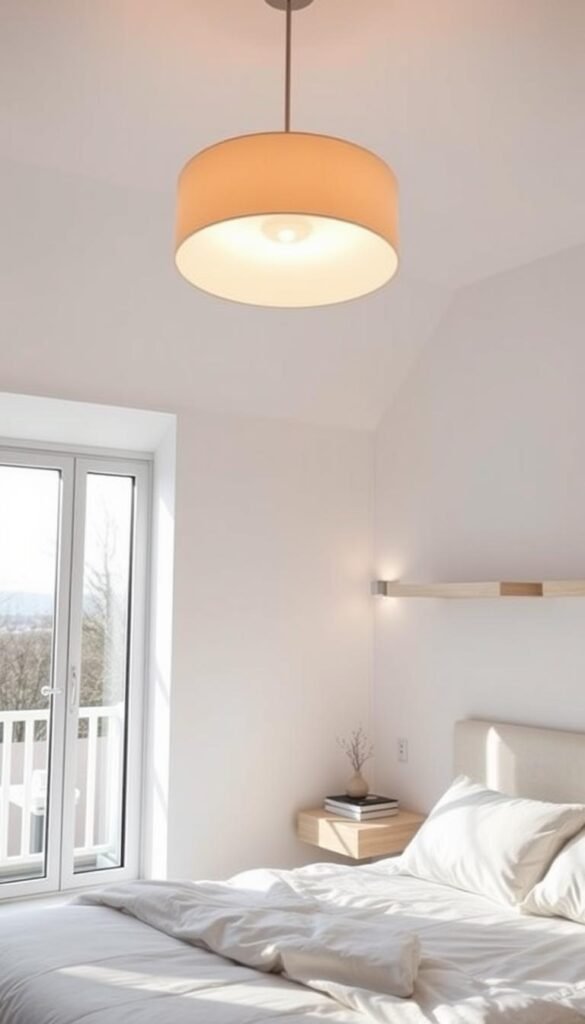 A bright, minimalist bedroom with sleek, space-maximizing lighting solutions. An overhead pendant casts a warm, diffused glow, complemented by discreet wall sconces that accentuate the room's architectural features. The large window allows natural light to flood the space, creating an airy, inviting atmosphere. Mirrored surfaces strategically placed to reflect and amplify the illumination, making the room feel spacious and open. Carefully curated decor elements, like a low-profile nightstand and a floating shelf, contribute to the clean, uncluttered aesthetic. The overall effect is a harmonious blend of form and function, showcasing lighting as a powerful tool for enhancing the perceived size of the bedroom.