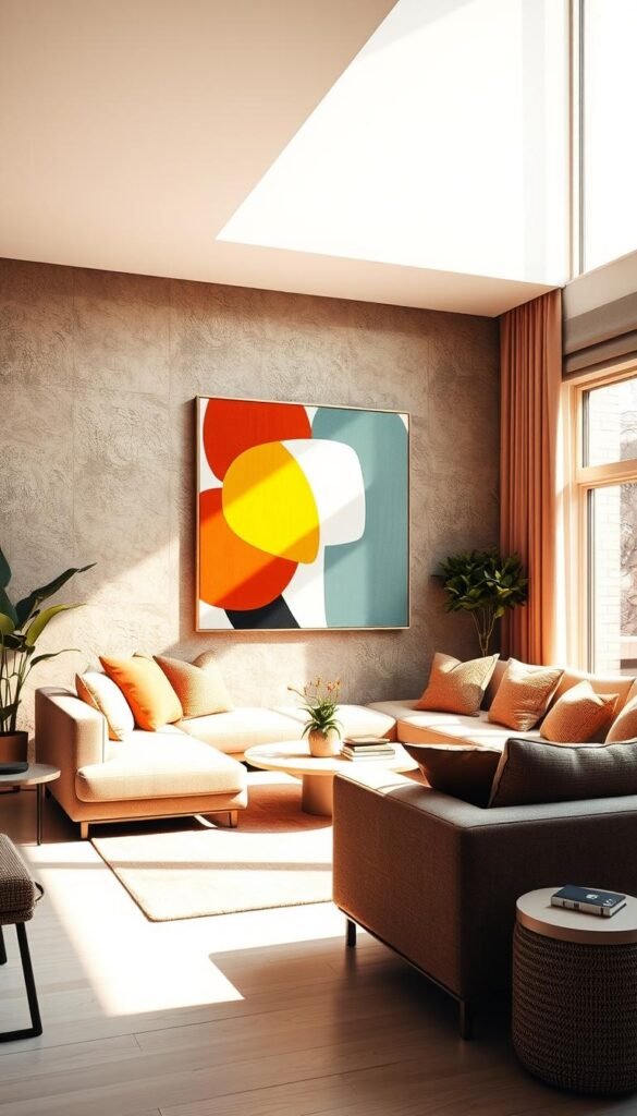 A bright, modern living room with a statement wall art piece taking center stage. The art features bold, abstract shapes and vibrant colors, creating a striking visual focal point. The room is bathed in warm, natural light streaming in through large windows, illuminating the textured walls and plush furnishings. The overall atmosphere is one of sophistication and creativity, inspiring the viewer to pause and appreciate the carefully curated design. A minimalist, Scandinavian-inspired palette sets the tone, allowing the artwork to truly shine. The camera captures the scene from a slightly elevated angle, showcasing the seamless integration of the statement wall art within the cohesive, harmonious interior. A bright, modern living room with a statement wall art piece taking center stage. The art features bold, abstract shapes and vibrant colors, creating a striking visual focal point. The room is bathed in warm, natural light streaming in through large windows, illuminating the textured walls and plush furnishings. The overall atmosphere is one of sophistication and creativity, inspiring the viewer to pause and appreciate the carefully curated design. A minimalist, Scandinavian-inspired palette sets the tone, allowing the artwork to truly shine. The camera captures the scene from a slightly elevated angle, showcasing the seamless integration of the statement wall art within the cohesive, harmonious interior.