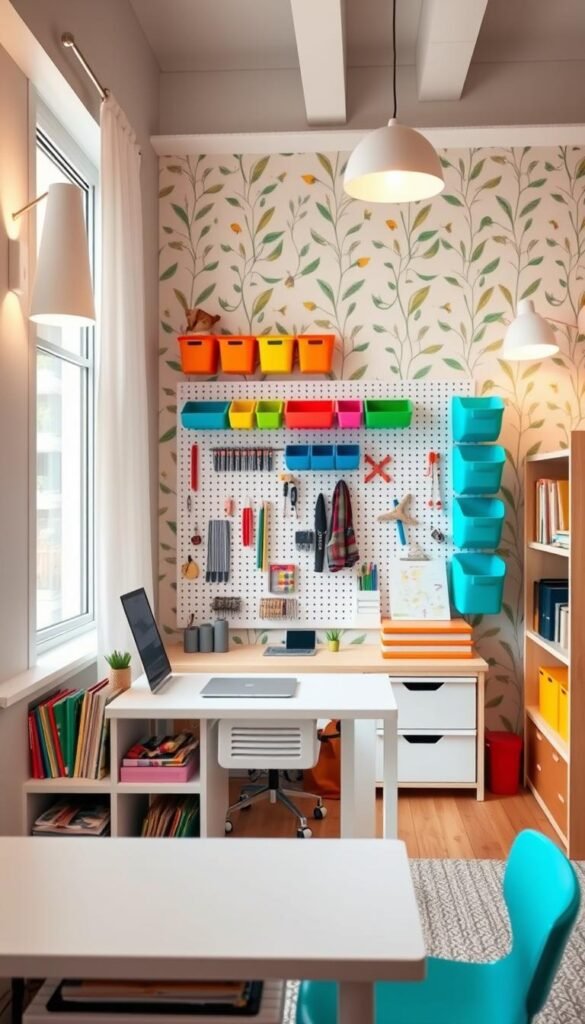 A bright, well-organized kids' study area with smart storage solutions. In the foreground, a sleek, minimalist desk with integrated shelves and drawers to neatly contain school supplies, books, and personal items. In the middle ground, a pegboard system with colorful bins and hooks for additional storage and organization. The background features a cheerful, nature-inspired wallpaper pattern, and ample natural light floods the space through large windows. Soft, warm lighting from wall-mounted lamps creates a cozy, focused atmosphere perfect for learning and exploration.