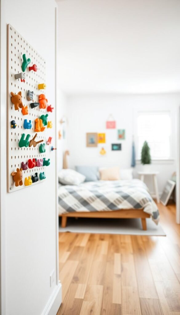 A brightly lit, airy bedroom setting with white walls and wooden floors. In the foreground, a wall-mounted pegboard or cork board displays an assortment of colorful, playful wall hooks - some shaped like animals, others in geometric forms, all arranged in a visually appealing, organized manner. The middle ground features a cozy, youthful-looking bed with patterned bedding and plush pillows. In the background, hints of other bedroom furnishings like a dresser or bookshelf create a sense of depth and a lived-in, personalized space. The overall mood is one of cheerfulness, functionality, and a touch of whimsy, perfectly suited for a teenage bedroom.