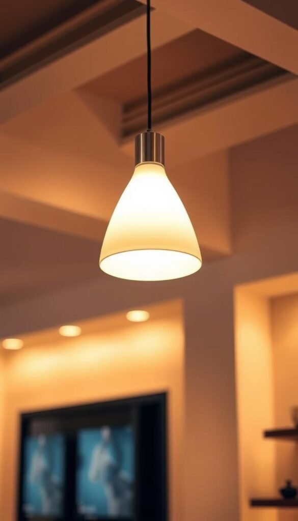 A captivating pendant lighting design, featuring a sleek, modern silhouette against a warm, softly-lit backdrop. The fixture's elegant, minimalist form casts a gentle, ambient glow, illuminating the space with a cozy, inviting atmosphere. Hanging from a high ceiling, the pendant's clean lines and subtle metallic accents complement the room's contemporary decor, creating a visually striking and harmonious visual balance. The overall scene evokes a sense of understated sophistication, perfect for setting the ideal mood throughout a modern, stylish home.