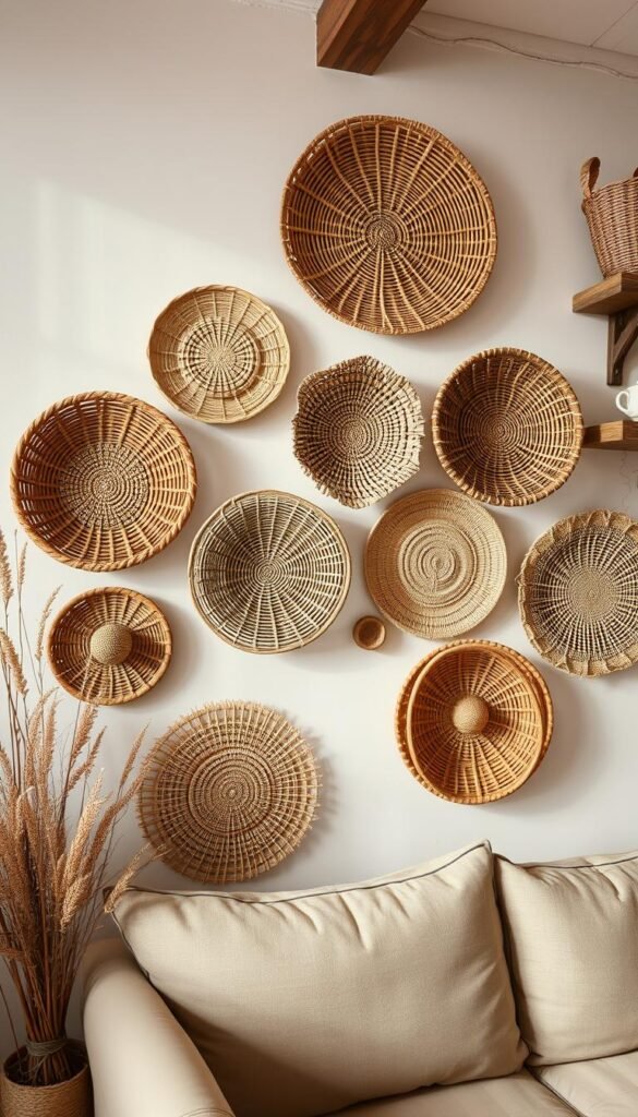 A captivating wall arrangement of intricately handwoven baskets in a rustic, farmhouse-inspired setting. The baskets, made with natural fibers like rattan, jute, or seagrass, are arranged in an asymmetric, overlapping pattern, creating visual interest and depth. The baskets feature a range of warm, earthy tones, from rich browns to subtle neutrals, complementing the cozy, lived-in atmosphere. Soft, diffused lighting casts gentle shadows, highlighting the intricate textures and craftsmanship of the handwoven pieces. The arrangement is flanked by natural elements like dried botanicals or weathered wooden shelves, further enhancing the organic, textural appeal. This harmonious display embodies the charm and character of a farmhouse-style living room, inviting viewers to appreciate the beauty of handmade, artisanal decor. A captivating wall arrangement of intricately handwoven baskets in a rustic, farmhouse-inspired setting. The baskets, made with natural fibers like rattan, jute, or seagrass, are arranged in an asymmetric, overlapping pattern, creating visual interest and depth. The baskets feature a range of warm, earthy tones, from rich browns to subtle neutrals, complementing the cozy, lived-in atmosphere. Soft, diffused lighting casts gentle shadows, highlighting the intricate textures and craftsmanship of the handwoven pieces. The arrangement is flanked by natural elements like dried botanicals or weathered wooden shelves, further enhancing the organic, textural appeal. This harmonious display embodies the charm and character of a farmhouse-style living room, inviting viewers to appreciate the beauty of handmade, artisanal decor.