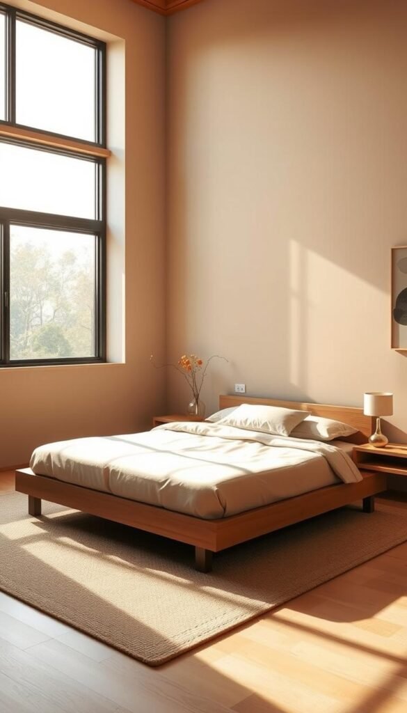 A clutter-free, minimalist Japandi-style bedroom bathed in warm, natural light. A large window illuminates a clean-lined platform bed with soft, neutral bedding. Sleek, wood-framed nightstands flank the bed, each with a simple table lamp. The floor is covered in a plush, neutral-toned area rug. Subtle, organic-shaped decor accents, like a vase of fresh flowers, add a touch of natural warmth. The walls feature a soothing, earthy color palette, complemented by a single piece of abstract art. An overall sense of peaceful, harmonious simplicity pervades the space.
