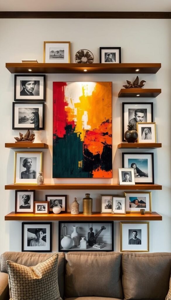 A cohesive art wall arrangement featuring an eclectic mix of paintings, photography, and sculptural pieces. The focal point is a large abstract canvas in bold, vibrant hues that draws the eye. Surrounding it are smaller framed artworks in a variety of styles and mediums, thoughtfully curated to create visual harmony. Wooden shelves and floating ledges provide ample display space, while discreet task lighting highlights the textures and details of the artwork. The overall composition exudes a sense of refined elegance, perfectly balancing form and function to elevate the living space.