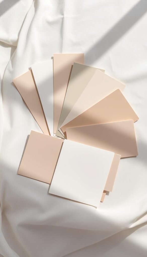 A collection of neutral color palette samples, artfully arranged on a soft, textured surface. The samples range from warm beiges and creamy ivories to cool greys and muted taupes, all presented in a serene, minimalist composition. Gentle natural lighting illuminates the subtle variations and nuances of each swatch, creating a calming, sophisticated atmosphere. The overall palette evokes a sense of tranquility and refinement, perfectly capturing the essence of a neutral bedroom decor that feels both serene and luxurious.