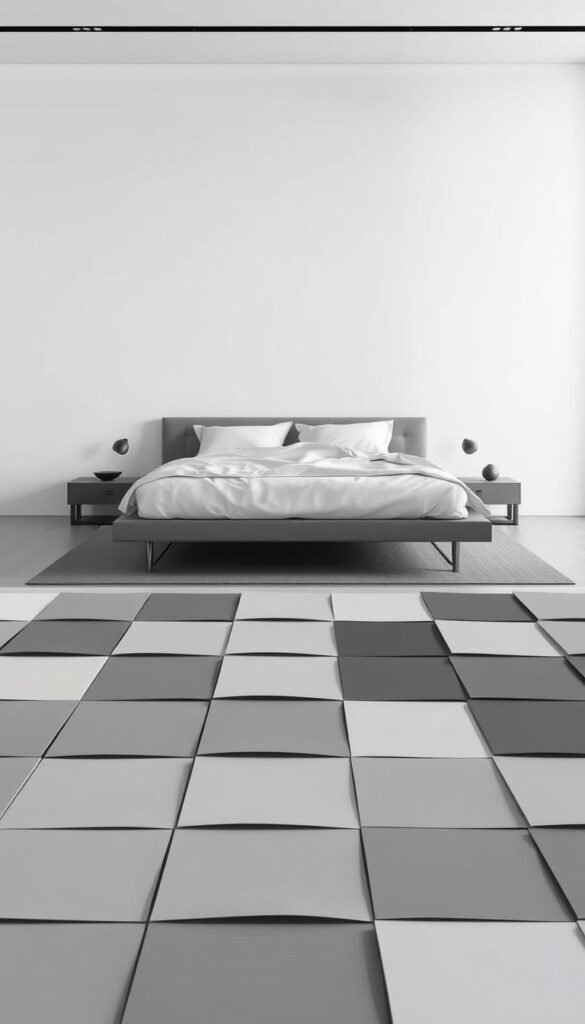 A contemporary bedroom setting, showcasing a sleek, minimalist aesthetic. In the foreground, a precise grid of paint swatches in shades of grey - from delicate dove to deep charcoal. The swatches are arranged with meticulous precision, casting soft, directional shadows that add depth and texture. The middle ground features a modern, platform bed dressed in crisp, monochromatic linens, inviting the viewer to imagine the cozy, tranquil atmosphere. The background subtly fades into a serene, overcast sky, creating a calming, unified color palette. Soft, diffused lighting from an unseen source accentuates the tonal variations, guiding the eye through the subtleties of the grey spectrum. A contemporary bedroom setting, showcasing a sleek, minimalist aesthetic. In the foreground, a precise grid of paint swatches in shades of grey - from delicate dove to deep charcoal. The swatches are arranged with meticulous precision, casting soft, directional shadows that add depth and texture. The middle ground features a modern, platform bed dressed in crisp, monochromatic linens, inviting the viewer to imagine the cozy, tranquil atmosphere. The background subtly fades into a serene, overcast sky, creating a calming, unified color palette. Soft, diffused lighting from an unseen source accentuates the tonal variations, guiding the eye through the subtleties of the grey spectrum.