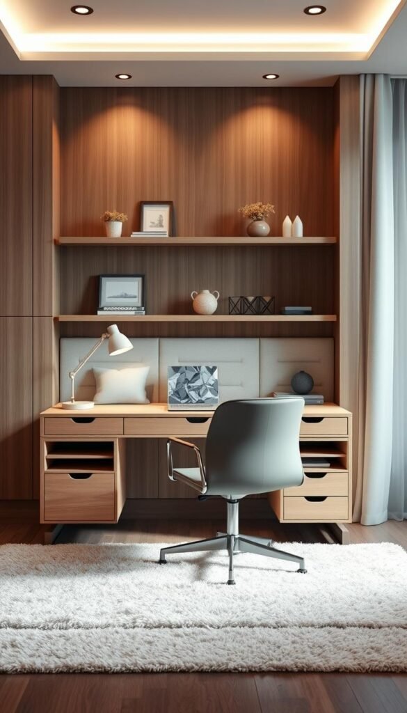 A contemporary, multi-functional desk occupies the foreground of a cozy bedroom interior. The desk features a sleek, minimalist design with a neutral-toned wooden surface and integrated storage compartments. A comfortable swivel chair with clean lines complements the desk setup. The middle ground showcases a plush, neutral-toned area rug and a pair of floating shelves displaying decorative elements, adding visual interest. In the background, a large window floods the space with warm, natural light, creating a serene and inviting atmosphere. The overall composition conveys a harmonious blend of functionality and aesthetic appeal, reflecting the concept of a "smart and multi-functional desk design" for a modern bedroom workspace. A contemporary, multi-functional desk occupies the foreground of a cozy bedroom interior. The desk features a sleek, minimalist design with a neutral-toned wooden surface and integrated storage compartments. A comfortable swivel chair with clean lines complements the desk setup. The middle ground showcases a plush, neutral-toned area rug and a pair of floating shelves displaying decorative elements, adding visual interest. In the background, a large window floods the space with warm, natural light, creating a serene and inviting atmosphere. The overall composition conveys a harmonious blend of functionality and aesthetic appeal, reflecting the concept of a "smart and multi-functional desk design" for a modern bedroom workspace.
