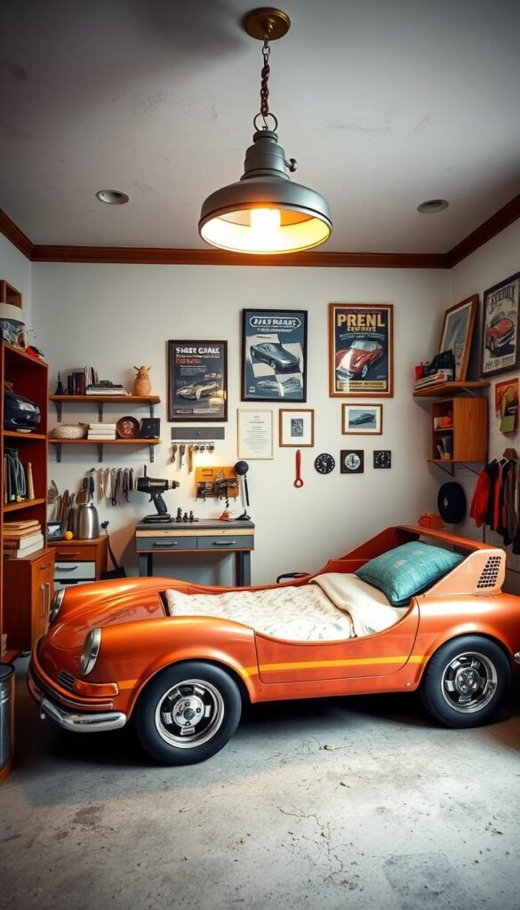A cozy DIY car-themed bedroom with a custom-built car-shaped bed frame taking center stage. The bed is surrounded by shelves and storage units made from repurposed car parts, creating a playful, automotive-inspired aesthetic. Overhead, a hanging light fixture fashioned from an old car headlight casts a warm glow across the space. In the corner, a small workbench showcases various tools and trinkets, hinting at the owner's passion for hands-on projects. The walls are adorned with framed car posters and vintage automotive memorabilia, completing the personalized, garage-inspired atmosphere.