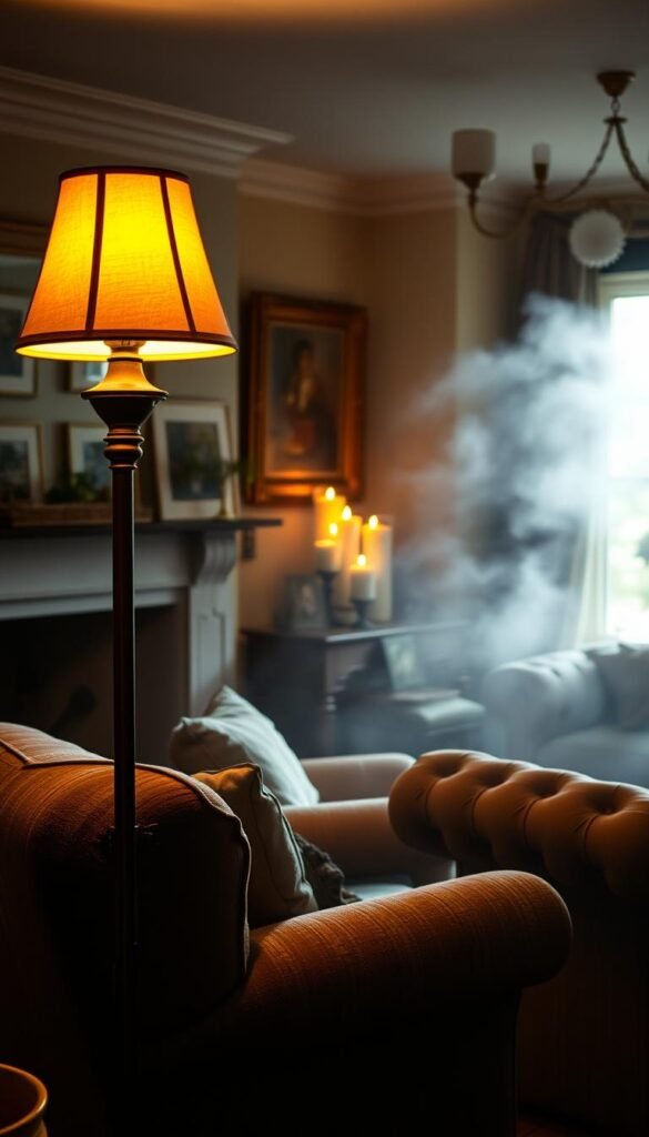 A cozy English country living room, bathed in soft, warm lighting. In the foreground, a rustic floor lamp casts a gentle glow, illuminating plush armchairs and a tufted sofa. In the middle ground, candles flicker on a wooden mantelpiece, their flickering flames reflected in the glass of framed artwork. The background is shrouded in a veil of atmospheric haze, creating a sense of depth and tranquility. Muted earth tones and natural textures pervade the scene, evoking a timeless, inviting ambiance. The lighting is low and enveloping, drawing the viewer into a intimate, welcoming space.
