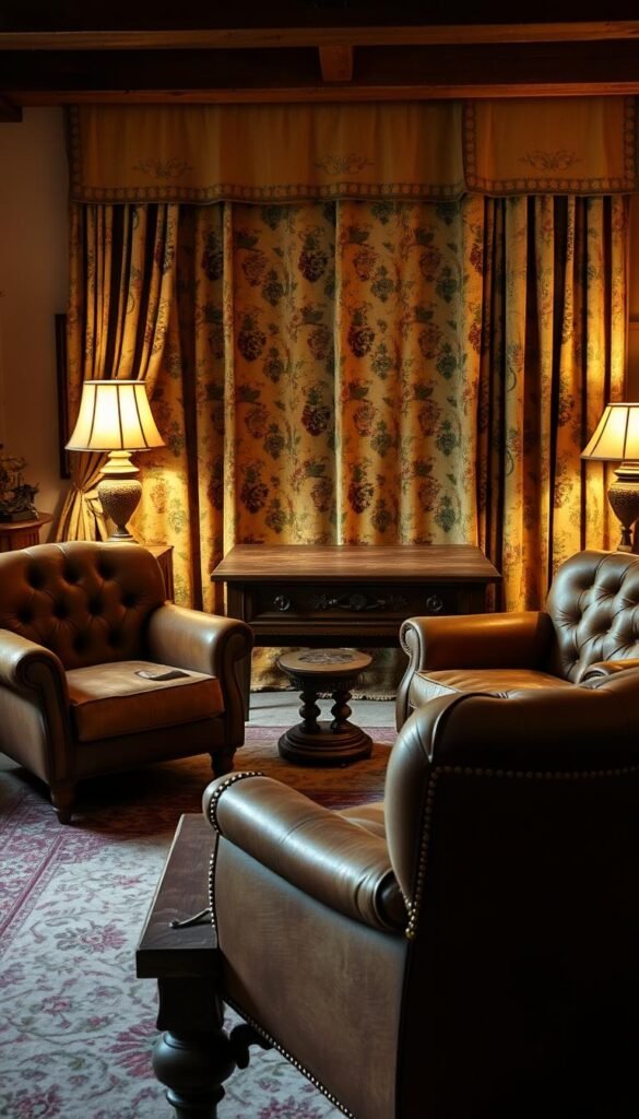 A cozy English country living room, bathed in warm, soft lighting. In the foreground, a pair of vintage armchairs with plush, tufted upholstery in earthy tones, their worn leather and weathered wooden frames exuding a sense of character and history. On an ornate, antique side table, a brass lamp casts a gentle glow, illuminating the room's eclectic mix of textures and patterns. In the middle ground, a sturdy, weathered wooden coffee table, its surface scarred by the passage of time, stands as a testament to the room's lived-in charm. Beyond, a faded floral area rug and heavy, embroidered curtains create a sense of coziness and comfort, transporting the viewer to a bygone era of English country living.