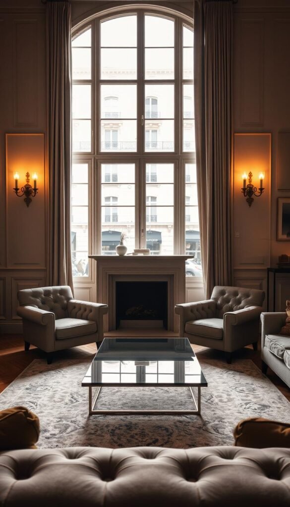 A cozy European living room bathed in warm, diffused lighting. Elegant brass sconces flank a grand fireplace, casting a soft glow across the room. In the foreground, a pair of plush, tufted armchairs invite relaxation, while a sleek coffee table with a minimalist glass top sits between them. The middle ground features a sumptuous area rug in muted tones, complementing the neutral color palette. In the background, tall windows frame a view of a Parisian street, allowing natural light to filter in and create a gentle, ambient illumination. The overall atmosphere is one of refined sophistication and effortless Parisian charm.