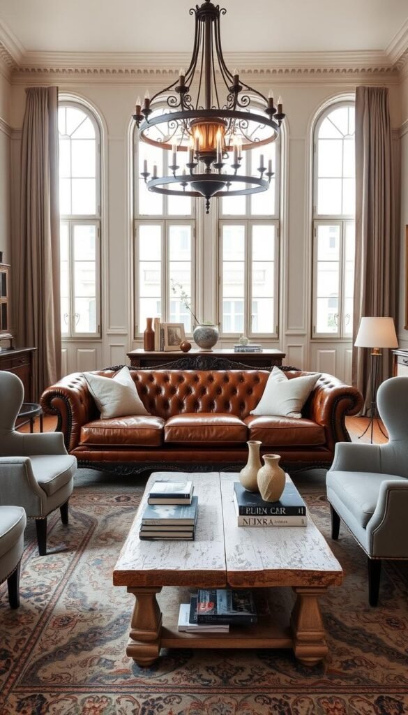 A cozy European living room blends antique and modern decor in a harmonious fusion. In the foreground, an ornate, tufted chesterfield sofa in rich cognac leather sits atop a vintage Persian rug. Flanking the sofa, a pair of sleek, contemporary wingback chairs in dove gray velvet offer a contrast. The middle ground features a rustic, whitewashed wood coffee table topped with modern design books and a sculptural vase. Overhead, a stunning, wrought-iron chandelier casts a warm, ambient glow, complementing the room's mix of old and new. The background showcases tall, arched windows that flood the space with natural light, accentuating the elegant, Parisian-inspired aesthetic.