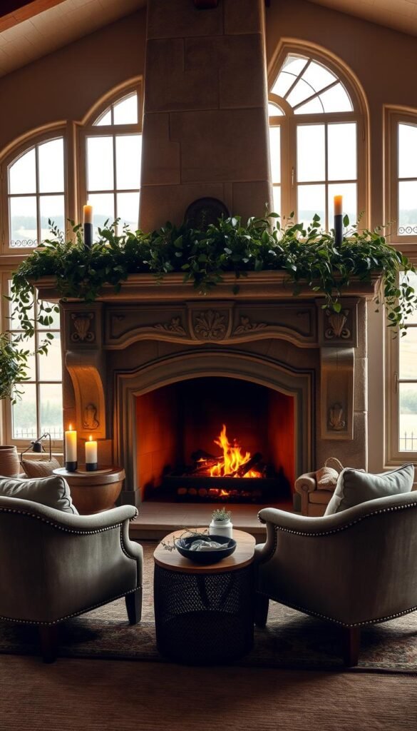 A cozy French country fireplace design in a warm, inviting living room. Rustic stone mantel with intricate carvings, adorned with lush greenery and flickering candles. Plush armchairs and a luxurious rug in muted tones surround the fireplace, creating a intimate, soothing atmosphere. Soft, golden lighting filters through the room, casting a gentle glow on the scene. Large, arched windows overlooking a pastoral French countryside landscape in the background. The fireplace is the central, captivating focal point, drawing the eye and emanating a sense of tranquility and old-world charm.
