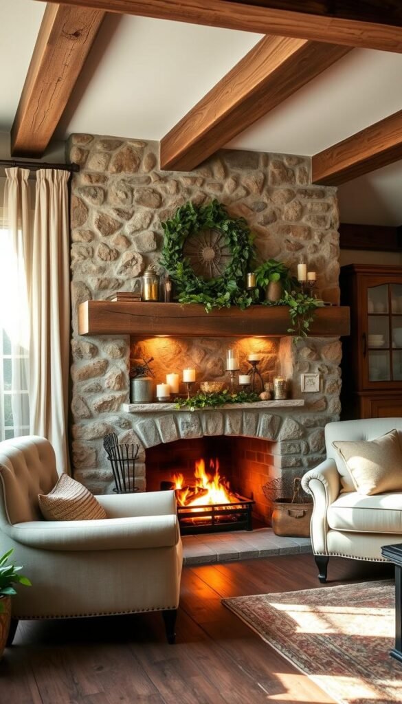 A cozy French country fireplace nestled in a rustic stone alcove, its warm glow illuminating the surrounding decor. The mantel is adorned with lush greenery, candles, and vintage-inspired accents. Soft light filters through sheer curtains, casting a romantic ambiance across the space. Antique wood beams and a worn, distressed hardwood floor complete the pastoral charm. A plush, tufted armchair and a loveseat provide seating, inviting relaxation. The fireplace is the focal point, drawing the eye and creating a welcoming, intimate atmosphere perfect for a French country living room.