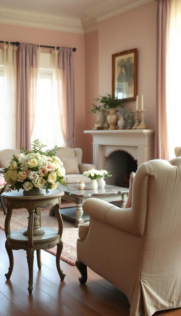 A cozy French country living room, bathed in warm, natural light filtering through sheer, lace-trimmed curtains. The walls are adorned with a palette of soft, muted hues - dusty pinks, sage greens, and subtle lavenders, creating a soothing, romantic ambiance. In the foreground, a weathered, wooden side table displays a bouquet of fragrant, pastel-colored flowers, while a plush, tufted armchair invites relaxation. The middle ground features a rustic, distressed coffee table, surrounded by a mix of vintage-inspired textiles and decorative accents in complementary tones. In the background, a charming fireplace mantel displays delicate, antique vases and framed artwork, adding to the sense of timeless elegance. The overall scene radiates a cozy, inviting atmosphere, perfectly capturing the essence of a French country living room.