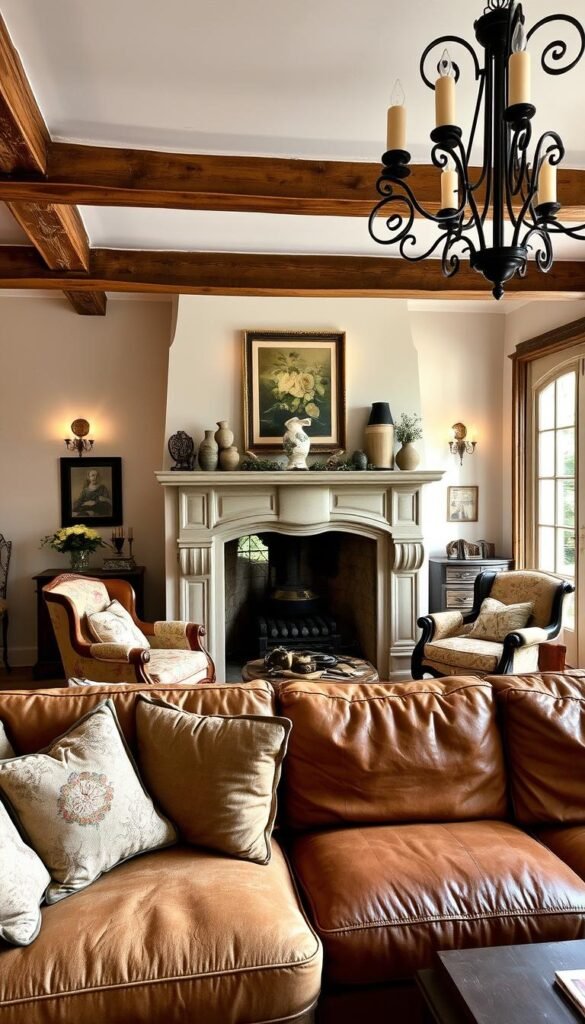 A cozy French country living room with warm, muted tones and rustic charm. In the foreground, a plush sofa with worn leather upholstery and decorative throw pillows. Nearby, an antique armchair with delicate floral patterns. A large, ornate fireplace mantel dominates the middle ground, adorned with candles, vases, and framed artwork. The background features exposed wooden beams, whitewashed walls, and French doors leading to a lush garden outside. Soft, diffused lighting from wall sconces and a wrought-iron chandelier creates a inviting, intimate atmosphere. The overall scene evokes a sense of traditional elegance and timeless comfort.