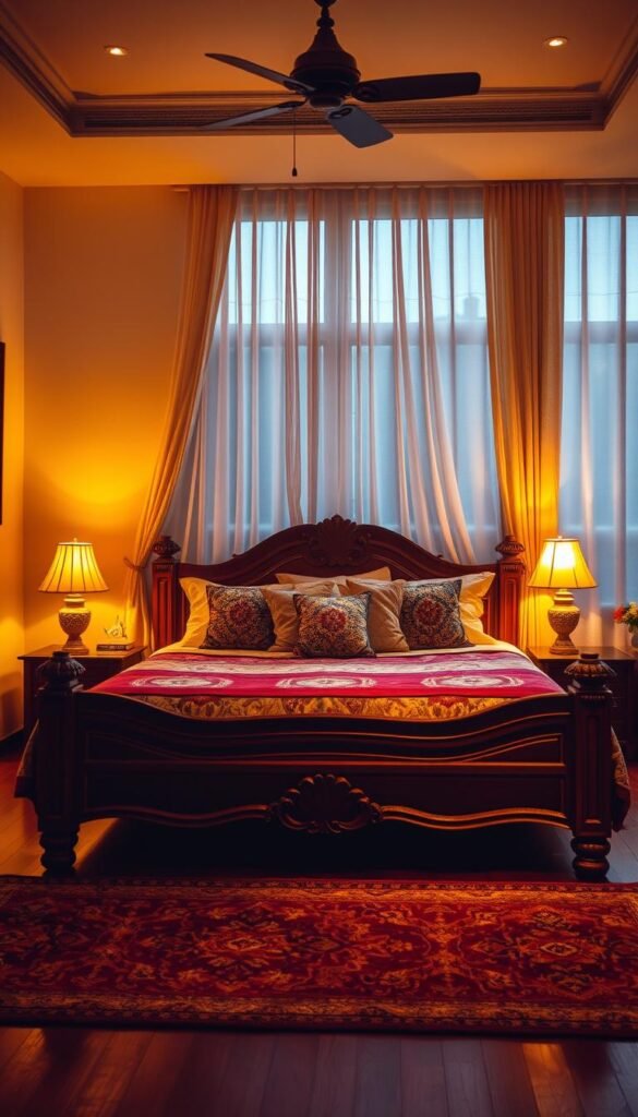 A cozy Indian bedroom bathed in warm, inviting lighting. A plush, patterned rug covers the hardwood floor, and a wooden bed frame with intricate carvings takes center stage. Soft, amber-toned lamps cast a gentle glow, creating a serene, atmospheric ambiance. Sheer curtains frame the large window, filtering in diffused natural light. Ornate, jewel-toned textiles and plush pillows adorn the bed, adding pops of vibrant color. The overall scene exudes a sense of comfort, harmony, and a touch of cultural elegance, perfectly capturing the "Magic of Lighting to Set the Mood" in an Indian bedroom.