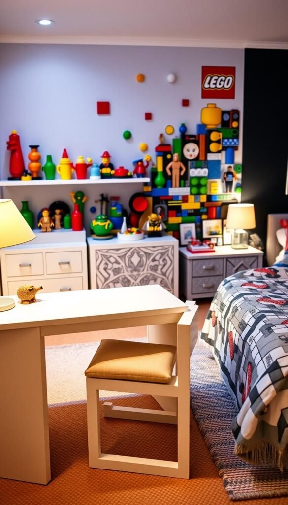A cozy LEGO-themed bedroom, featuring an array of custom-built LEGO furniture and decor. In the foreground, a sleek LEGO desk with a minimalist design, complemented by a LEGO chair with a plush cushion. On the shelves, an assortment of colorful LEGO vases, figurines, and small LEGO sculptures add playful accents. The middle ground showcases a LEGO dresser with intricate brick patterns, along with a LEGO bedside table and a LEGO lamp with a soft, warm glow. In the background, a LEGO-inspired wall mural or LEGO-themed wall art creates a vibrant, imaginative atmosphere. The lighting is soft and diffused, casting a cozy, inviting ambiance throughout the space.