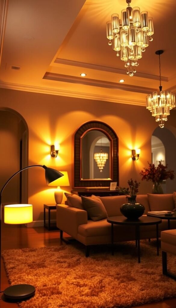 A cozy Mediterranean living room bathed in a warm, layered lighting design. In the foreground, a sleek floor lamp with a curved arm casts a soft, amber glow across the plush area rug. In the middle ground, a pair of dimmable sconces flanking a statement wall mirror create a radiant, halo-like effect. In the background, recessed ceiling lights and a pendant chandelier with cascading glass orbs illuminate the space with a gentle, diffused luminance. The overall atmosphere evokes a welcoming, intimate ambiance, perfect for relaxation and entertaining.