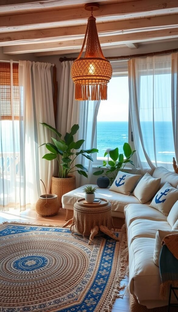 A cozy Mediterranean living room with natural textiles in shades of blue and white. In the foreground, an ornate jute rug adorned with intricate patterns. Hanging from the ceiling, a macrame light fixture casts a warm, ambient glow. The middle ground features a plush linen sofa, its cushions dotted with embroidered nautical motifs. Framing the scene, sheer linen curtains billow gently in the breeze from an open window, revealing a distant vista of azure sky and azure sea. Lush potted plants and driftwood accents lend an earthy, seaside charm to the space. Soft, diffused lighting highlights the natural textures and muted tones, creating a serene, inviting atmosphere. A cozy Mediterranean living room with natural textiles in shades of blue and white. In the foreground, an ornate jute rug adorned with intricate patterns. Hanging from the ceiling, a macrame light fixture casts a warm, ambient glow. The middle ground features a plush linen sofa, its cushions dotted with embroidered nautical motifs. Framing the scene, sheer linen curtains billow gently in the breeze from an open window, revealing a distant vista of azure sky and azure sea. Lush potted plants and driftwood accents lend an earthy, seaside charm to the space. Soft, diffused lighting highlights the natural textures and muted tones, creating a serene, inviting atmosphere.