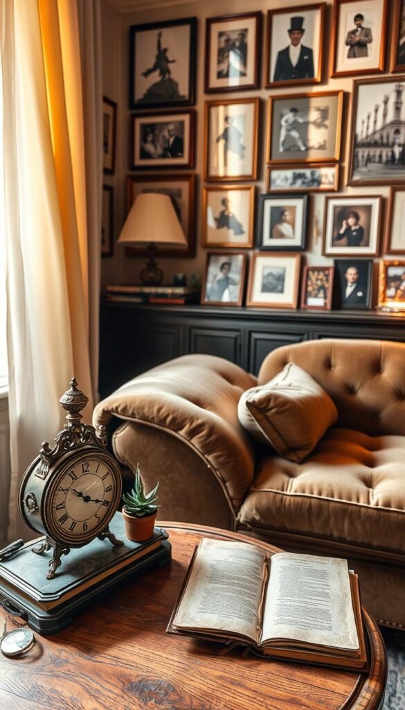 A cozy Parisian living room, bathed in warm, golden light filtering through sheer curtains. In the foreground, an ornate antique clock sits atop a weathered wooden side table, surrounded by a curated arrangement of personal trinkets - a vintage pocket watch, a small potted succulent, and a stack of well-worn leather-bound books. The midground features a plush velvet chaise lounge, adorned with a delicate throw pillow and a worn leather-bound journal resting open, inviting the viewer to pause and reflect. The background showcases a gallery wall of framed artwork and photographs, each piece carefully selected to create a harmonious and intentional display, reflecting the owners' unique style and experiences.