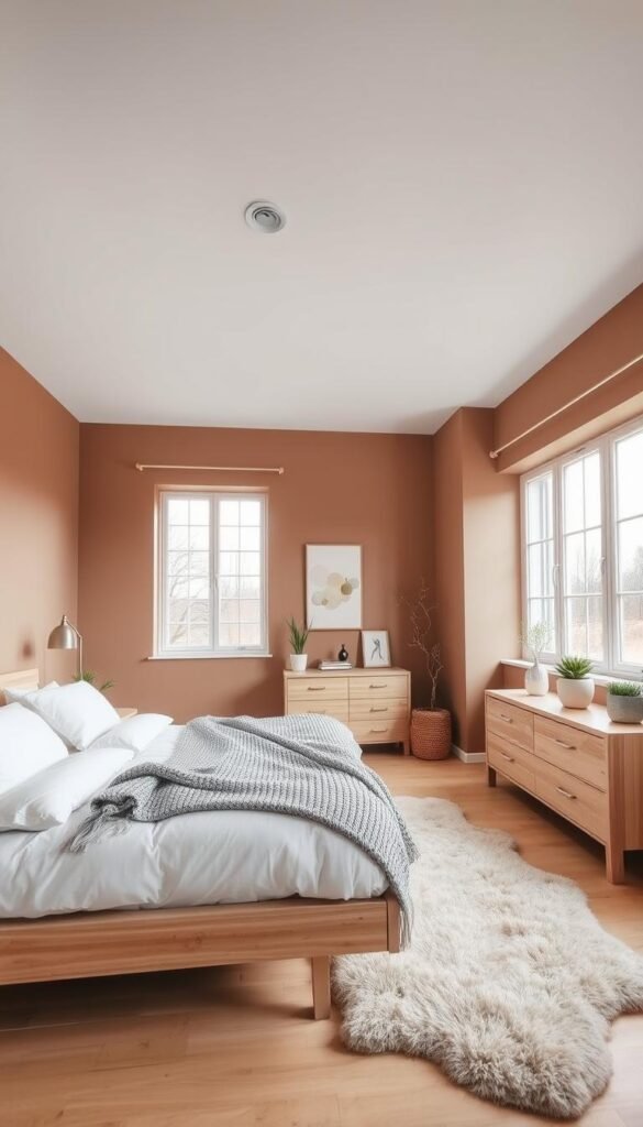 A cozy Scandinavian bedroom with a warm, minimalist aesthetic. The focal point is a large bed with a light wood frame, topped with plush white linens and a soft gray knit blanket. The walls are painted in a muted, earthy tone, complemented by natural-toned wood furnishings, including a low dresser and nightstands. Subtle lighting comes from a pair of pendant lamps with simple metal frames. Large windows allow ample natural light to flood the space, casting a soft glow. Potted plants and a sheepskin rug add natural textures, while a single piece of abstract wall art provides a subtle touch of decor. The overall atmosphere is one of calm, comfort, and understated sophistication.