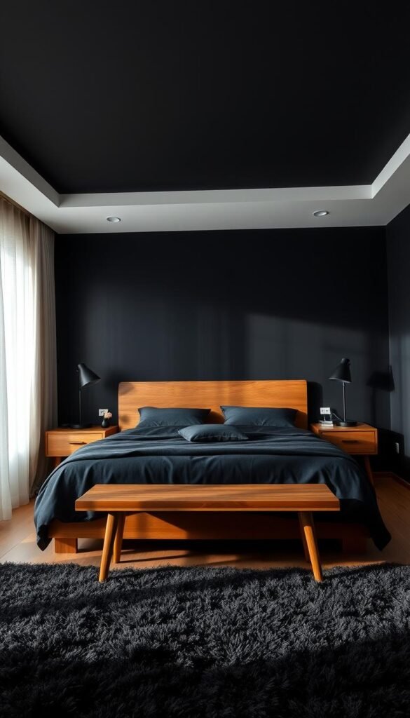 A cozy and chic black bedroom with warm wood accents. A low-angled shot showcases a minimalist wood headboard, contrasting against the deep black walls. Soft, natural lighting filters through sheer curtains, casting a gentle glow on the space. Smooth wood nightstands flank the bed, topped with sleek black lamps. In the foreground, a plush black area rug grounds the scene, while a wooden bench at the foot of the bed provides additional storage and seating. The overall atmosphere is both modern and inviting, with the natural wood tones balancing the moody black palette.