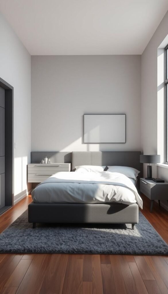 A cozy and compact grey bedroom, bathed in soft, diffused natural light from a large window. The room features a minimalist grey platform bed with crisp white bedding, and a sleek grey dresser with a large rectangular mirror mounted above it. The walls are painted in a soothing light grey hue, with a textured accent wall behind the bed. The wooden floor is covered in a plush grey area rug. Subtle lighting from table lamps casts a warm, calming glow across the space. The overall atmosphere is modern, serene, and perfect for a restful retreat. A cozy and compact grey bedroom, bathed in soft, diffused natural light from a large window. The room features a minimalist grey platform bed with crisp white bedding, and a sleek grey dresser with a large rectangular mirror mounted above it. The walls are painted in a soothing light grey hue, with a textured accent wall behind the bed. The wooden floor is covered in a plush grey area rug. Subtle lighting from table lamps casts a warm, calming glow across the space. The overall atmosphere is modern, serene, and perfect for a restful retreat.