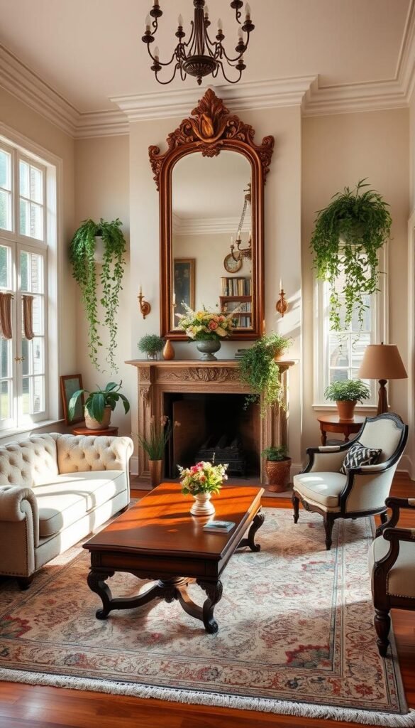 A cozy and elegant living room with timeless design elements. Sunlight streams in through large windows, illuminating a classic, tufted chesterfield sofa, a pair of antique armchairs, and a solid wood coffee table. A plush, vintage-inspired rug grounds the space, while ornate wall sconces and a grand, ornate mirror above the fireplace add touches of opulence. Lush, trailing potted plants and a vase of fresh flowers on the mantle bring natural, organic elements. The overall atmosphere is one of refined sophistication and enduring style.