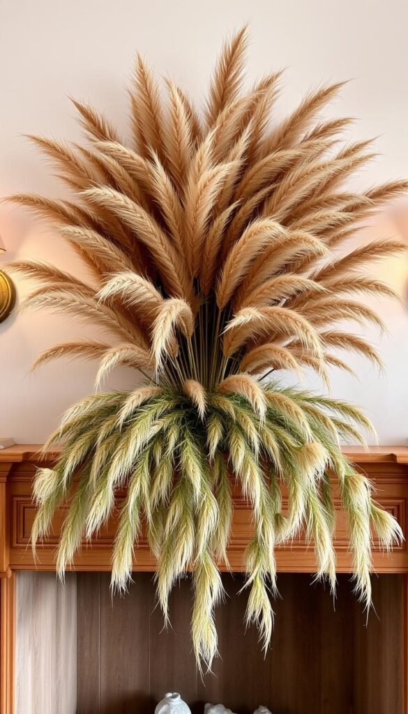 A cozy and elegant mantel decor with a lush, organic arrangement of pampas grass. The natural tones of the pampas plumes contrast beautifully against the warm wooden mantel and the neutral-toned wall behind it. Soft, diffused lighting from sconces on either side casts a gentle glow, creating a serene and inviting atmosphere. The pampas grass cascades gracefully, its wispy fronds adding texture and movement to the composition. Carefully balanced to create a harmonious and visually striking focal point, this mantel decor exudes a sense of refined rustic charm that would complement any living room.