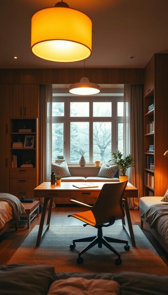 A cozy and functional bedroom workspace bathed in warm, inviting lighting. In the foreground, a stylish wooden desk with a sleek, minimalist design, accompanied by an ergonomic office chair in a complementary tone. Overhead, a statement pendant light casts a soft, ambient glow, illuminating the workspace. In the middle ground, bookshelves and decorative accents add depth and personality, while large windows in the background allow natural light to filter in, creating a harmonious balance between natural and artificial lighting. The overall atmosphere is one of productivity and relaxation, seamlessly blending the elements of a modern bedroom and a productive home office. A cozy and functional bedroom workspace bathed in warm, inviting lighting. In the foreground, a stylish wooden desk with a sleek, minimalist design, accompanied by an ergonomic office chair in a complementary tone. Overhead, a statement pendant light casts a soft, ambient glow, illuminating the workspace. In the middle ground, bookshelves and decorative accents add depth and personality, while large windows in the background allow natural light to filter in, creating a harmonious balance between natural and artificial lighting. The overall atmosphere is one of productivity and relaxation, seamlessly blending the elements of a modern bedroom and a productive home office.