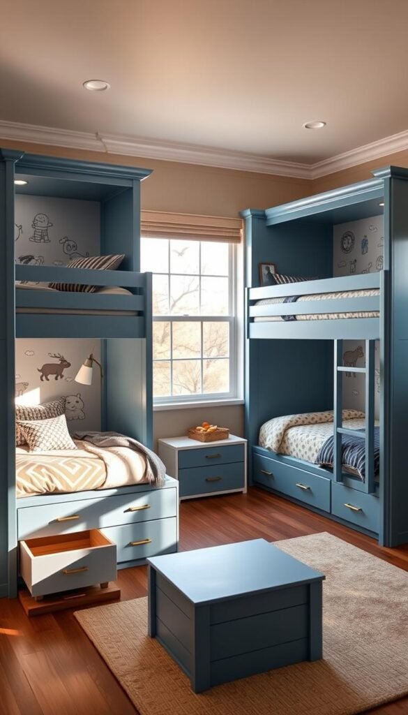 A cozy and functional boys' bedroom with a pair of built-in bunk beds, their frames painted in a soft blue hue. The beds feature clean, flexible designs with integrated shelving and drawers, maximizing storage and space. Warm, natural lighting filters through large windows, casting a gentle glow over the room. The beds are positioned against a wall adorned with playful, imaginative wall decals, creating a sense of adventure and whimsy. Plush bedding in complementary tones adds to the inviting atmosphere, while strategically placed task lighting illuminates the nooks and crannies, making the space both practical and visually appealing.