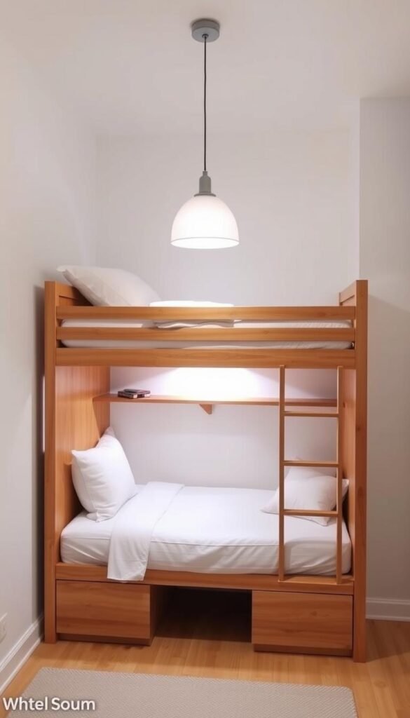 A cozy and functional bunk bed with a built-in desk in a well-lit, modern bedroom. The top bunk is positioned above a spacious desk area, providing ample workspace and storage. The bed frame is made of warm, natural wood, complemented by white bedding and accents. Soft, diffused lighting from a pendant lamp above the desk illuminates the space, creating a productive and inviting atmosphere. The room's walls are painted in a calming, neutral shade, allowing the focal point of the bunk bed with desk to stand out. The overall design effortlessly combines form and function, making the most of the available space.
