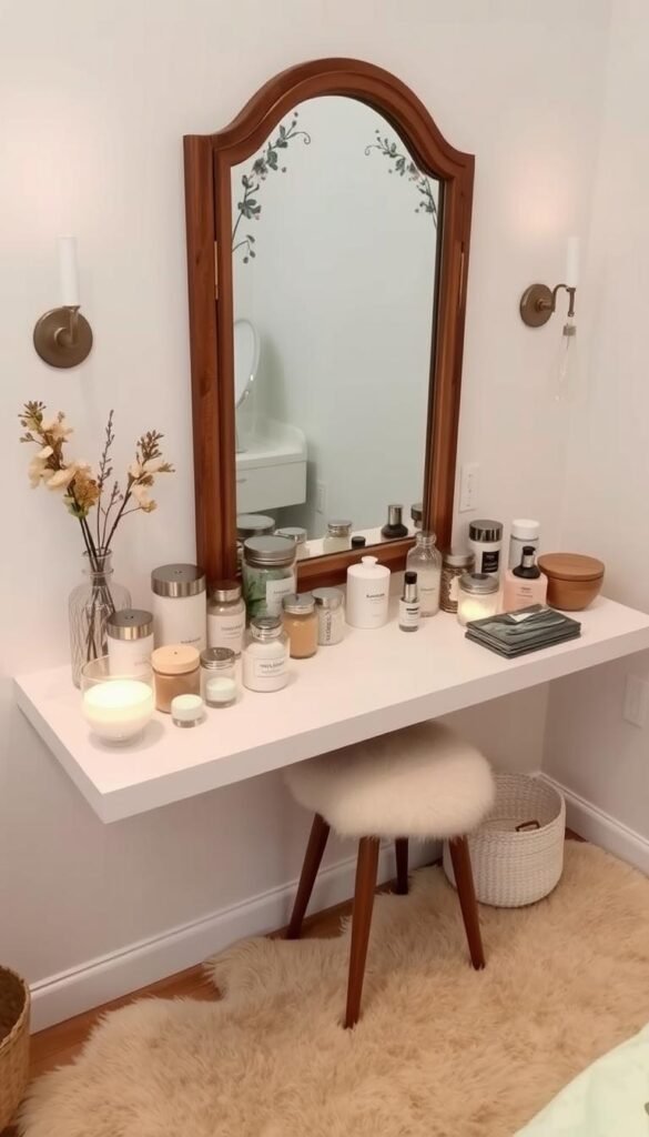 A cozy and inviting DIY vanity area featuring a rustic wood-framed mirror with delicate floral accents, surrounded by an assortment of decorative storage jars, perfume bottles, and personal care items artfully arranged on a white floating shelf. Soft, diffused lighting from wall sconces casts a warm, intimate glow, while a plush, neutral-toned area rug grounds the space. The overall aesthetic is a harmonious blend of modern and vintage, creating a serene and personalized retreat for daily self-care rituals.