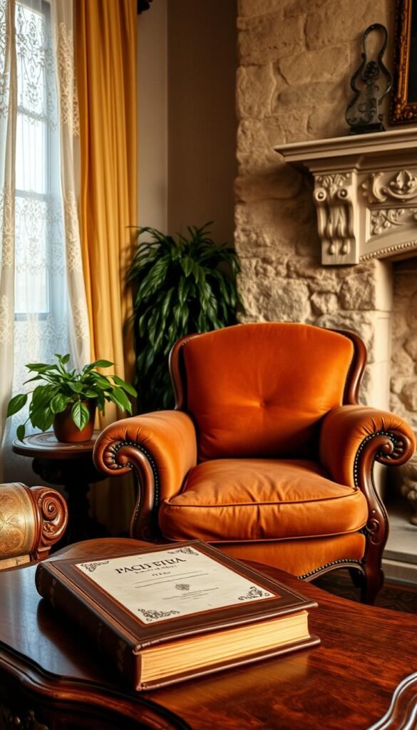 A cozy and inviting Italian living room showcasing a plush, overstuffed armchair in a rich, earthy tone. Soft, diffused lighting filters through lace curtains, casting a warm, intimate glow. The chair is adorned with delicate embroidered patterns, reflecting the refined elegance of Italian design. In the foreground, a well-worn leather-bound book rests on a carved wooden side table, hinting at the chair's owner and their refined tastes. In the middle ground, a lush, potted plant adds a touch of nature, while the background features a stone fireplace with a ornate mantelpiece, completing the timeless, comfortable ambiance.