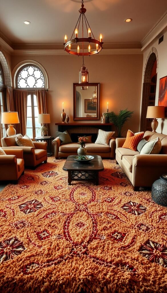 A cozy and inviting Moroccan-inspired living room with a lush, high-pile shag rug as the focal point. The rug features a rich, earthy color palette of warm terracotta, ochre, and cream, with intricate geometric patterns that add visual depth and texture. Plush, overstuffed armchairs and a deep, tufted sofa in complementary earth tones surround the rug, creating a sense of enveloping comfort. Warm, diffused lighting from a brass-finished chandelier and table lamps casts a soft, golden glow, enhancing the room's luxurious and relaxing ambiance. Decorative Moroccan-style accents, such as decorative pillows, hanging lanterns, and a low, carved wood coffee table, further reinforce the room's exotic, yet cozy atmosphere.